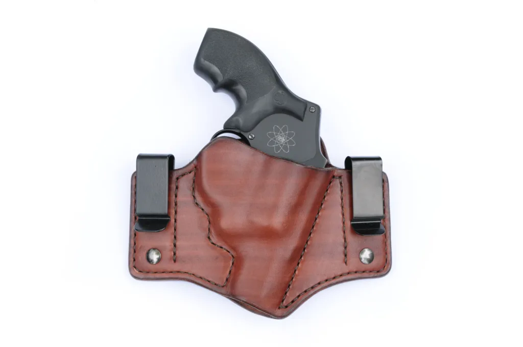 Front view of a mahogany leather inside waistband holster for a Smith and Wesson J-Frame revolver